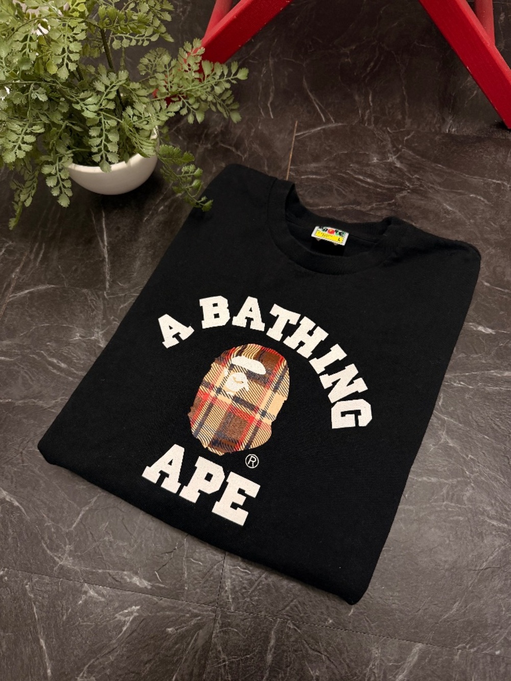 BAPE - Check College Tee - Black Plaid Ape - Size L - Preowned